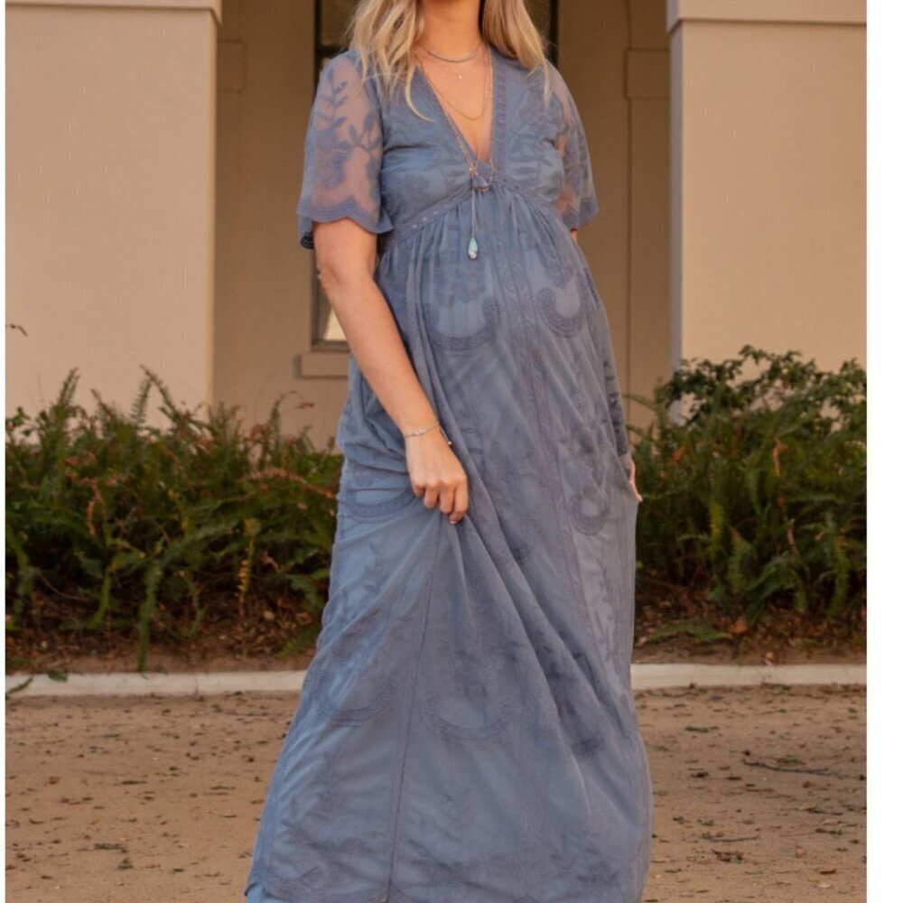 PinkBlush Blue Lace Mesh Overlay Maternity Maxi Dress